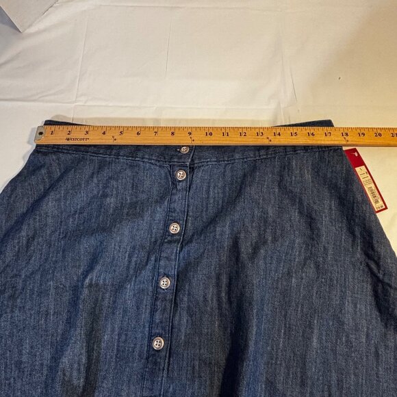 Merona Button Front Denim Flare Skirt Large 100% Cotton Elastic Back Waistband - Picture 7 of 8